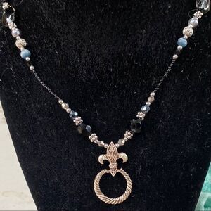 Multi-Bead Long Statement Necklace Black & Silver​​​​